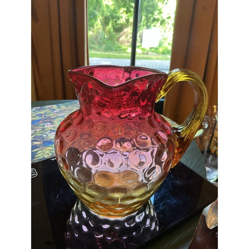 1880s Hobbs, Brockunier & Co. Amberina Glass Pitcher Inverted thumbprint pattern
